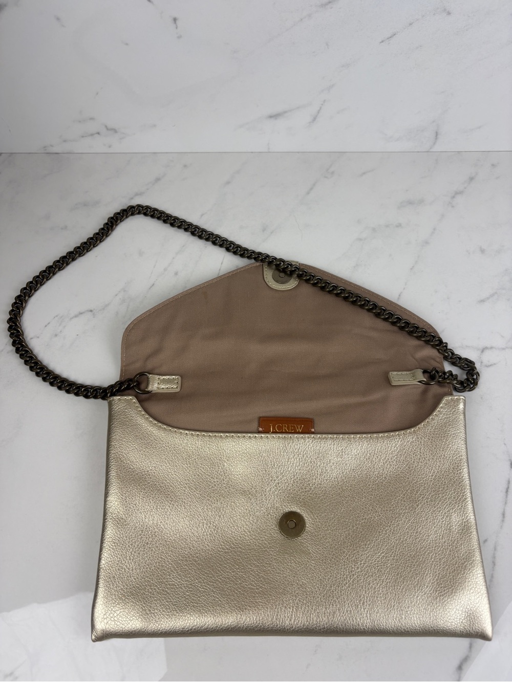 J.Crew Metallic Gold Pebbled Leather Envelope Clutch Chain Crossbody Bag